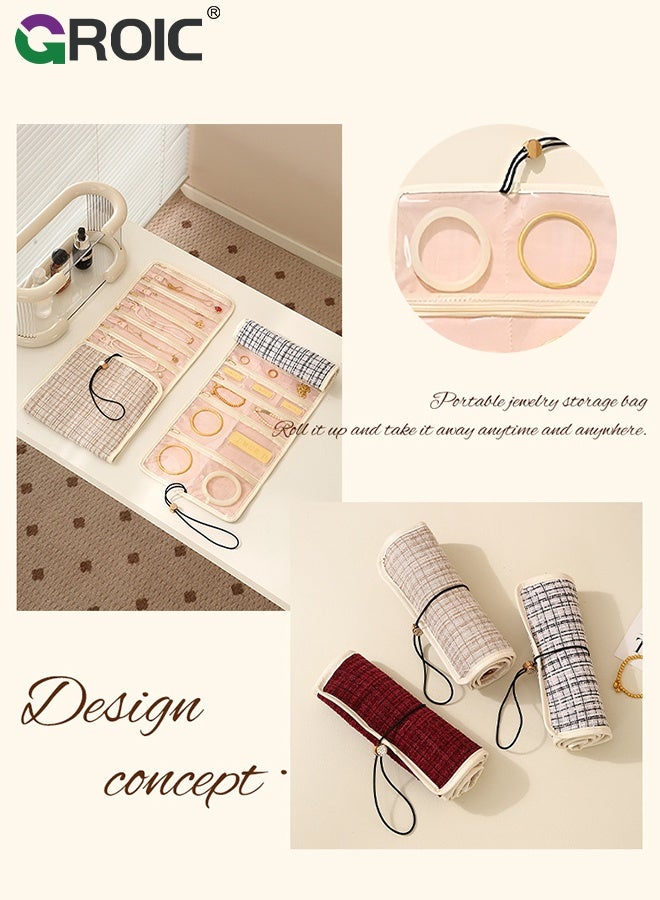 GROIC Jewelry Roll Bag, Travel Foldable Jewelry Roll Storage Case, Zippered Pockets for Traveling, Closet, Suitcase, Compact Storage Pouch for Rings, Earrings, Necklaces and Bracelets, Jewelry Pouch - Image 3